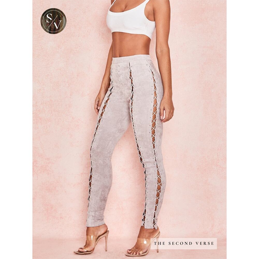 House of CB Tan Faux Suede Lace Up Skinny Leggings High Waist Pants